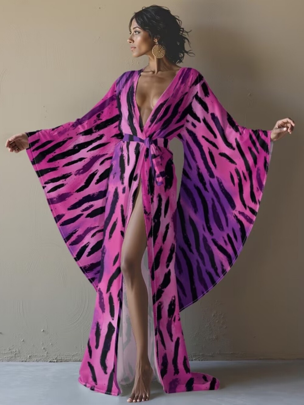 Pink & Purple Tiger-Print Kimono Maxi Robe